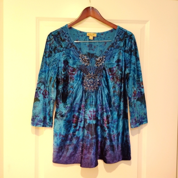 One World Velvet Tunic Top Blouse 3/4 Sleeve Blue Turquoise Medium M Boho Sequin - Picture 13 of 13
